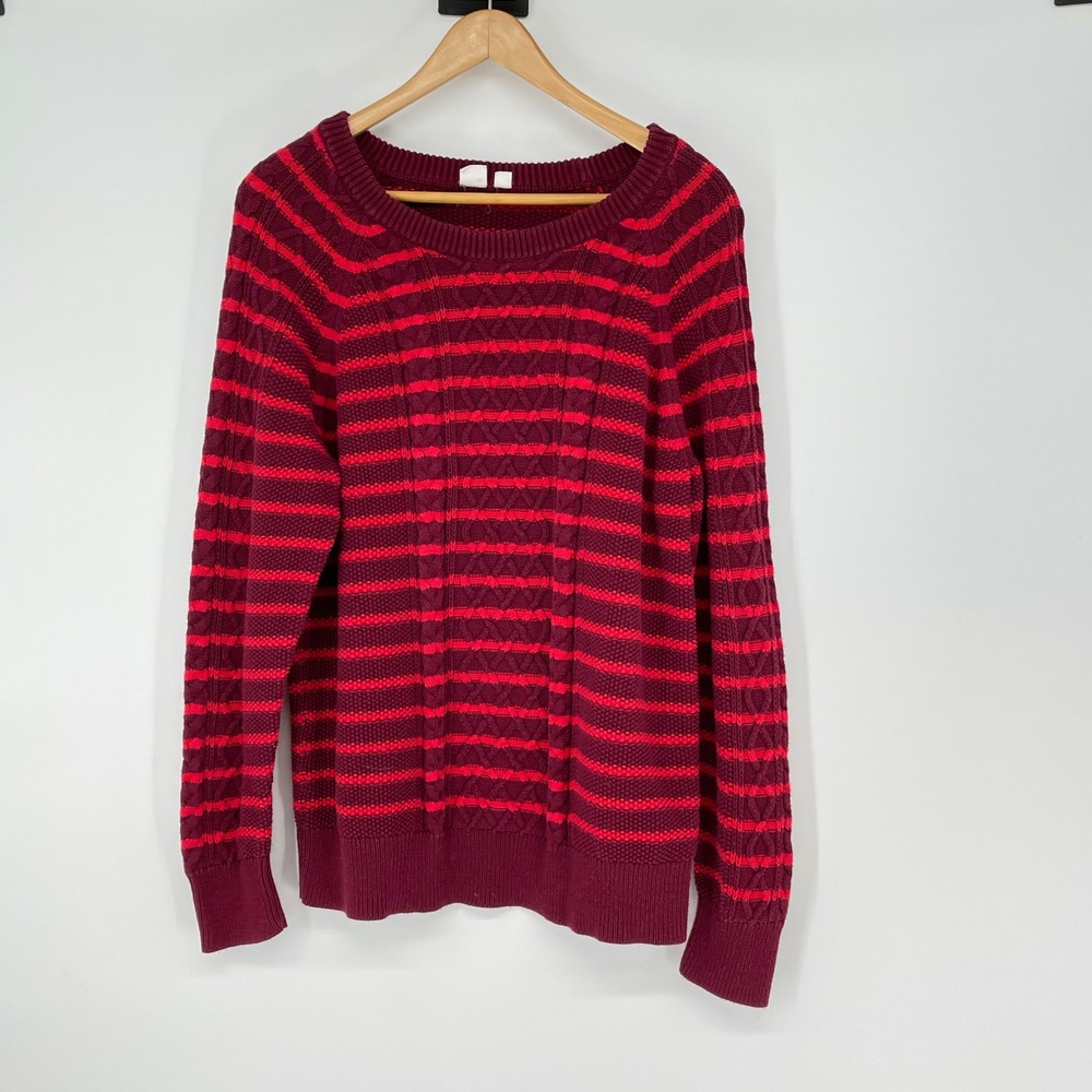 GAP Red Burgundy Striped Cable Knit Long Sleeve Crew Neck Sweater Size XL Cozy